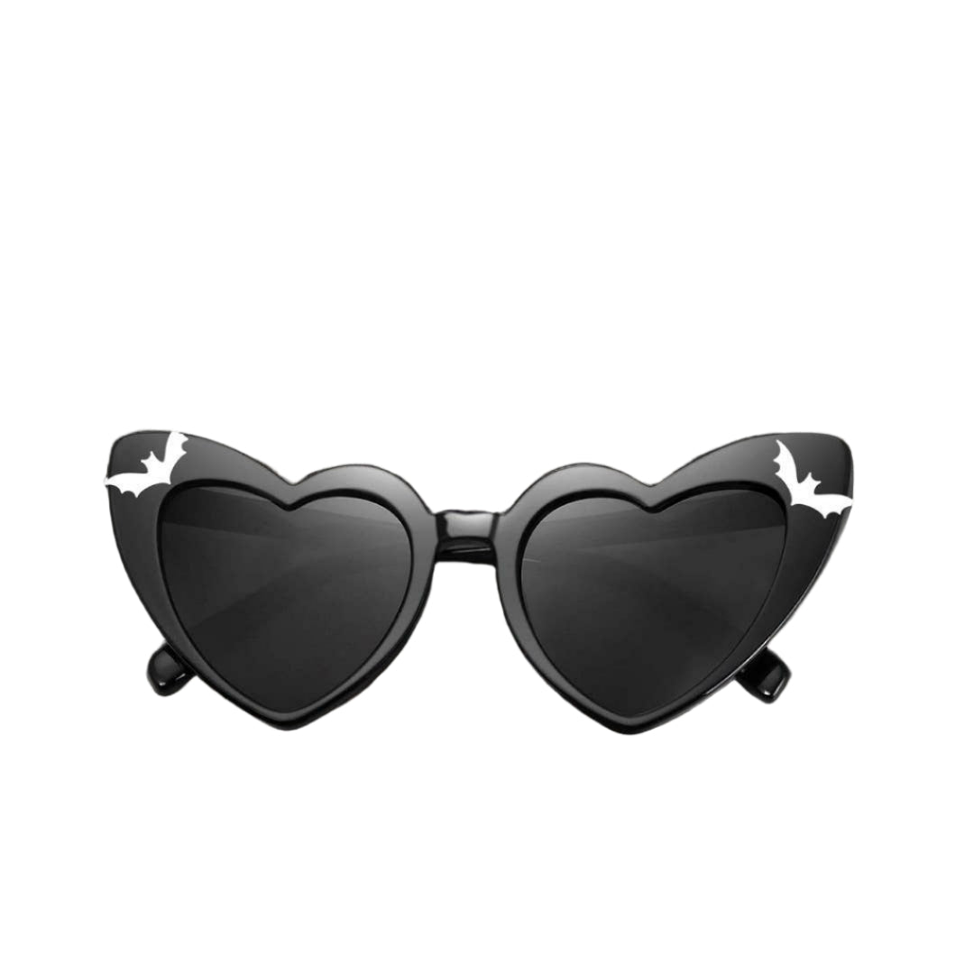 WDS Retro Witchy Goth Heart-Shaped Sunglasses, Bats