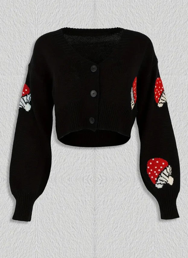 Mushroom Print Cropped Cardigan