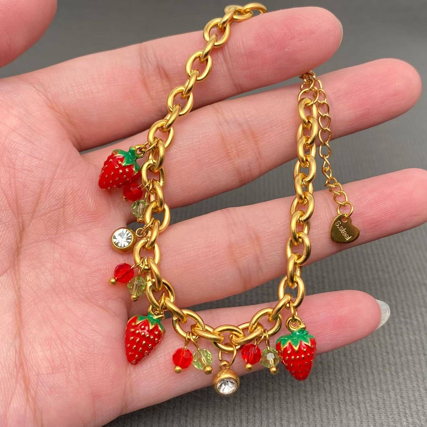Strawberry Charm 18K Gold Plated Stainless Steel Bracelet