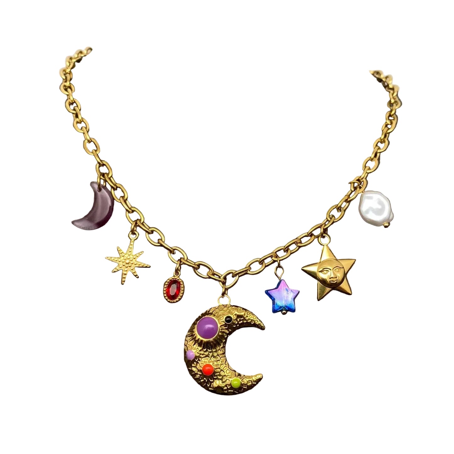Fantastic Star Moon Charm 18K Golden Stainless Steel Necklace
