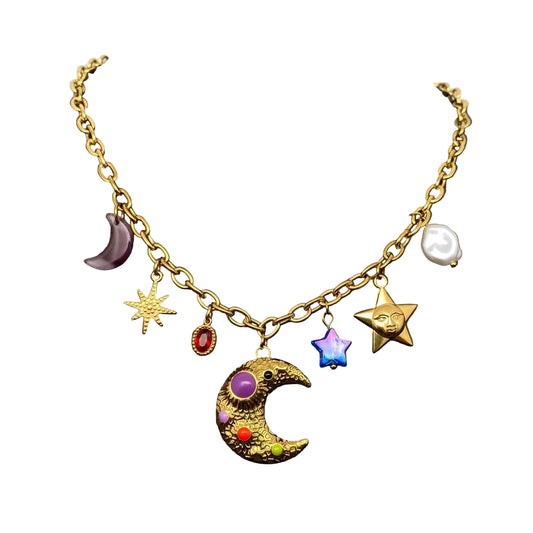 Fantastic Star Moon Charm 18K Golden Stainless Steel Necklace