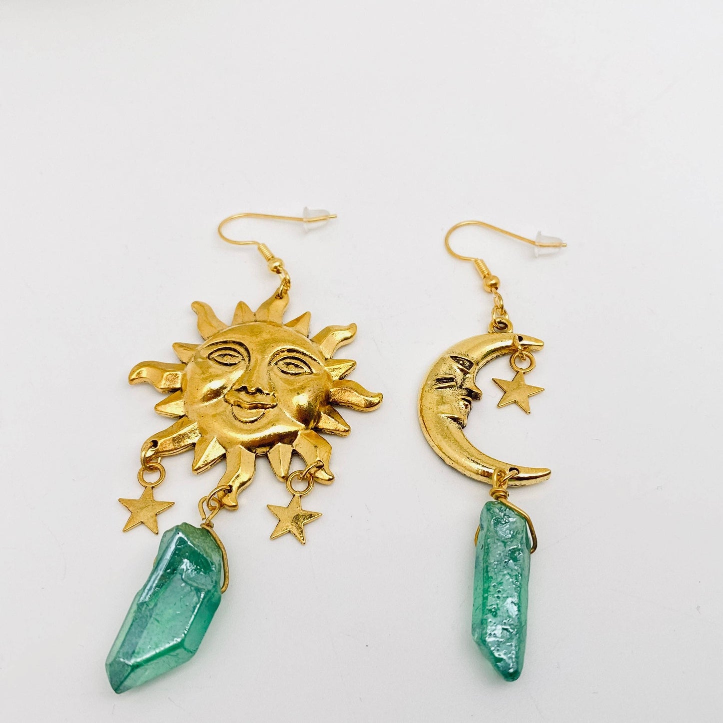 Asymmetric Sun and Moon Green Crystal Pendant Earrings