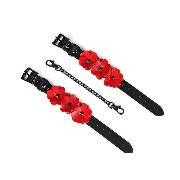 Black and Red Leather Flowers Hand Cuffs