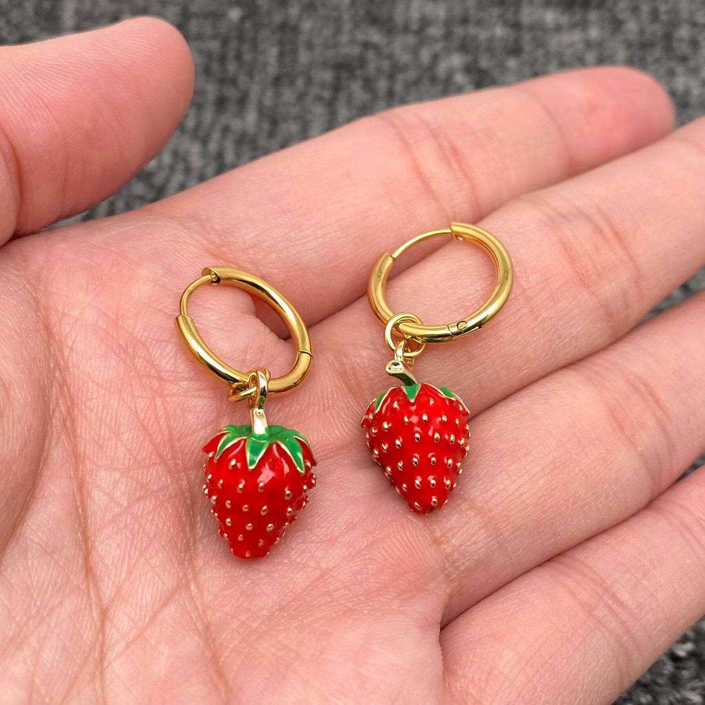 Strawberry Charm 18K Gold Plated Huggie Earrings
