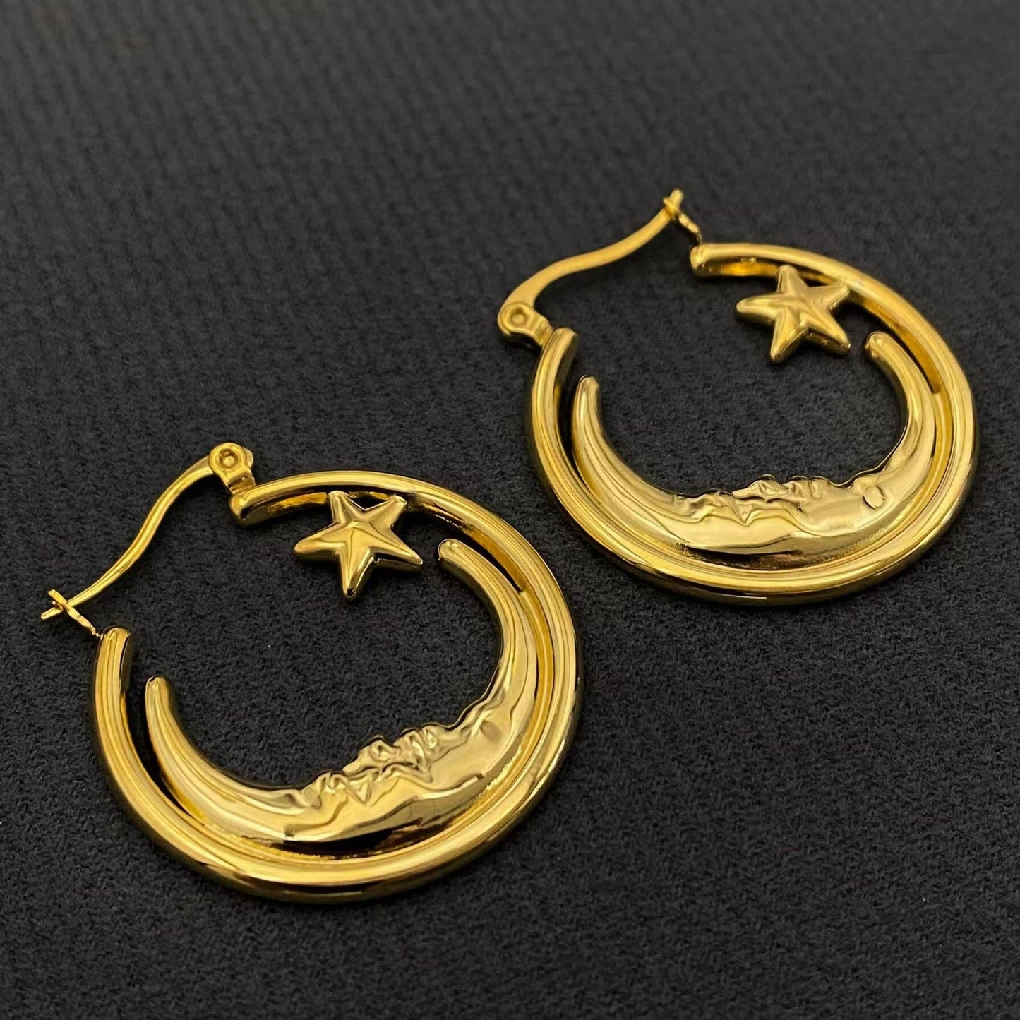 Moon Star 18K Gold Plated Stainless Steel Hoop Earrings