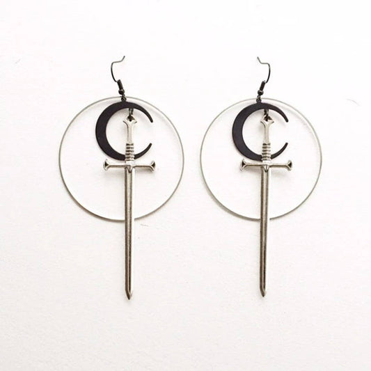Gothic Big Circle Black Moon Long Sword Earrings