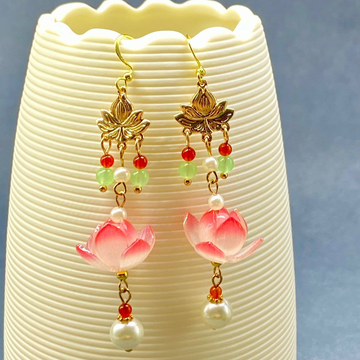 Glass Lotus & Agate 14K Gold Plated Earrings