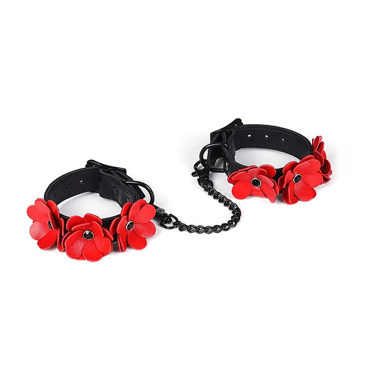 Black and Red Leather Flowers Hand Cuffs