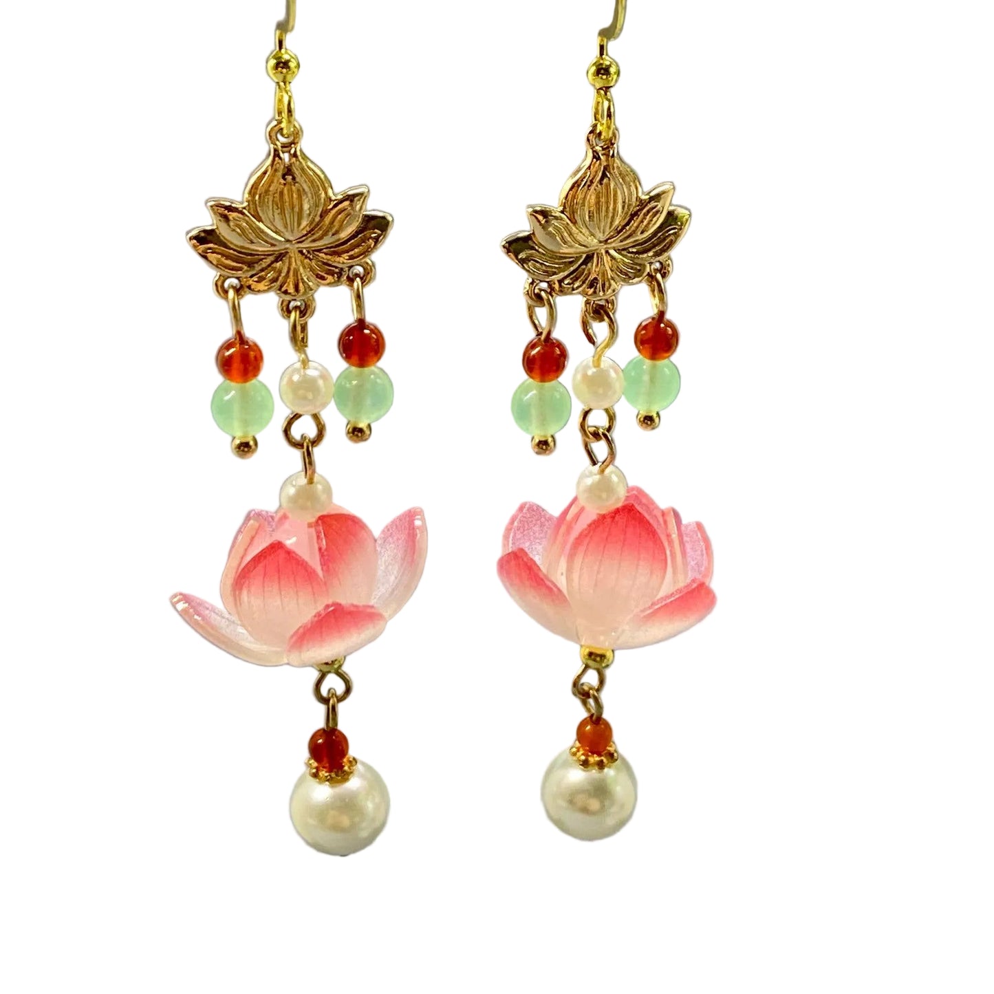 Glass Lotus & Agate 14K Gold Plated Earrings