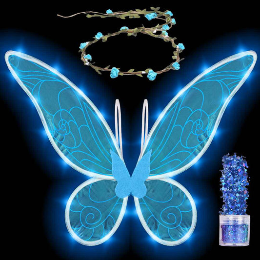 Blue Fairy Wings Set with Crown and Glitter