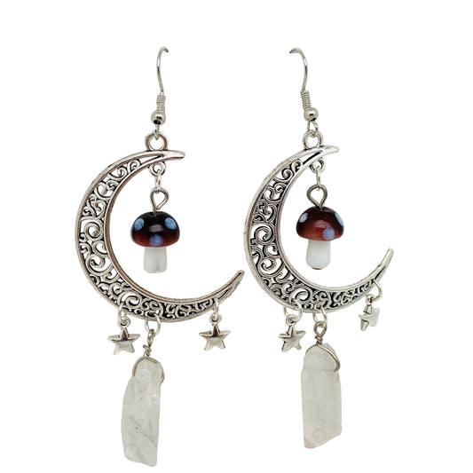 Moon Mushroom White Crystal Pendant Earrings