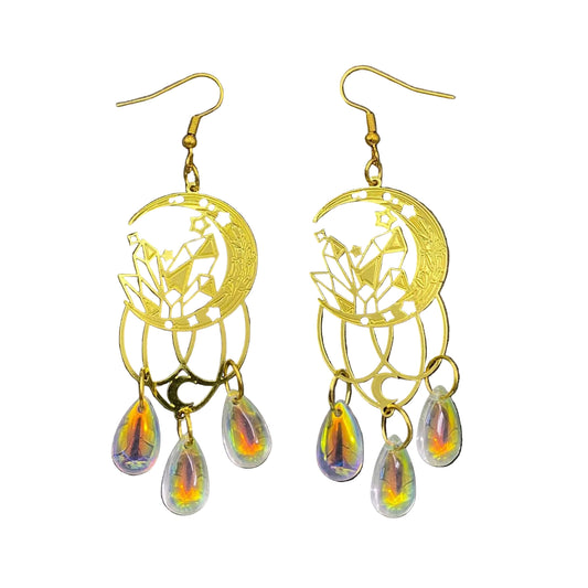 Glass Fringe Gold-plated Moon Dangle Earrings