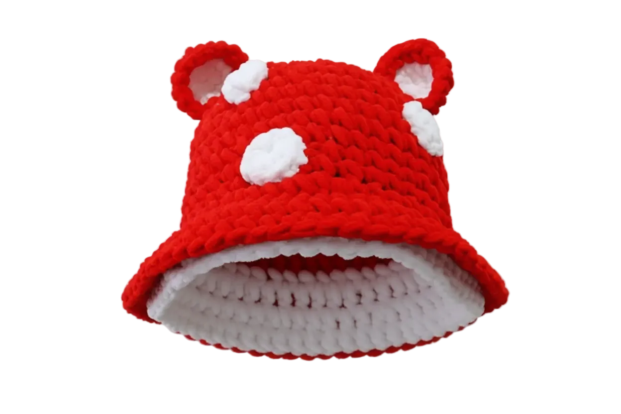 Super Soft Crocheted Red Mushroom Hat with Ears