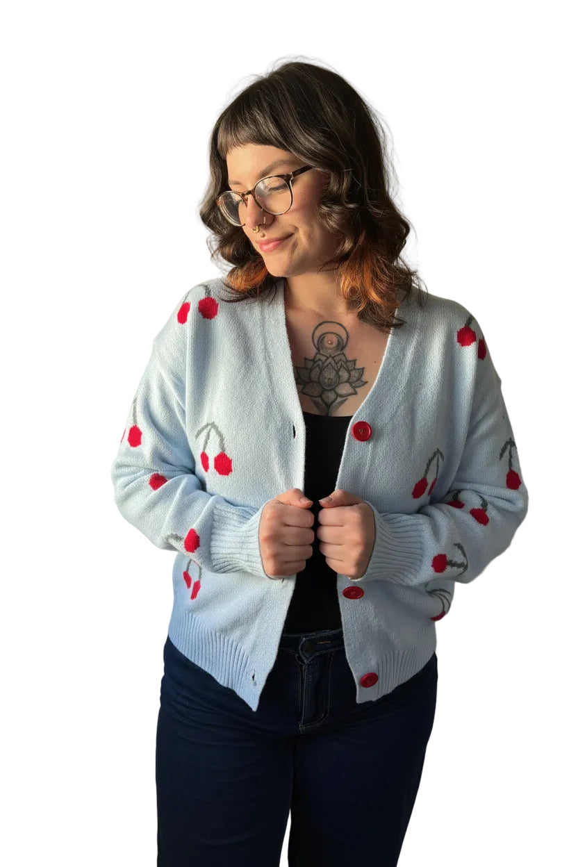 Super soft blue cherry v neck button up cardigan