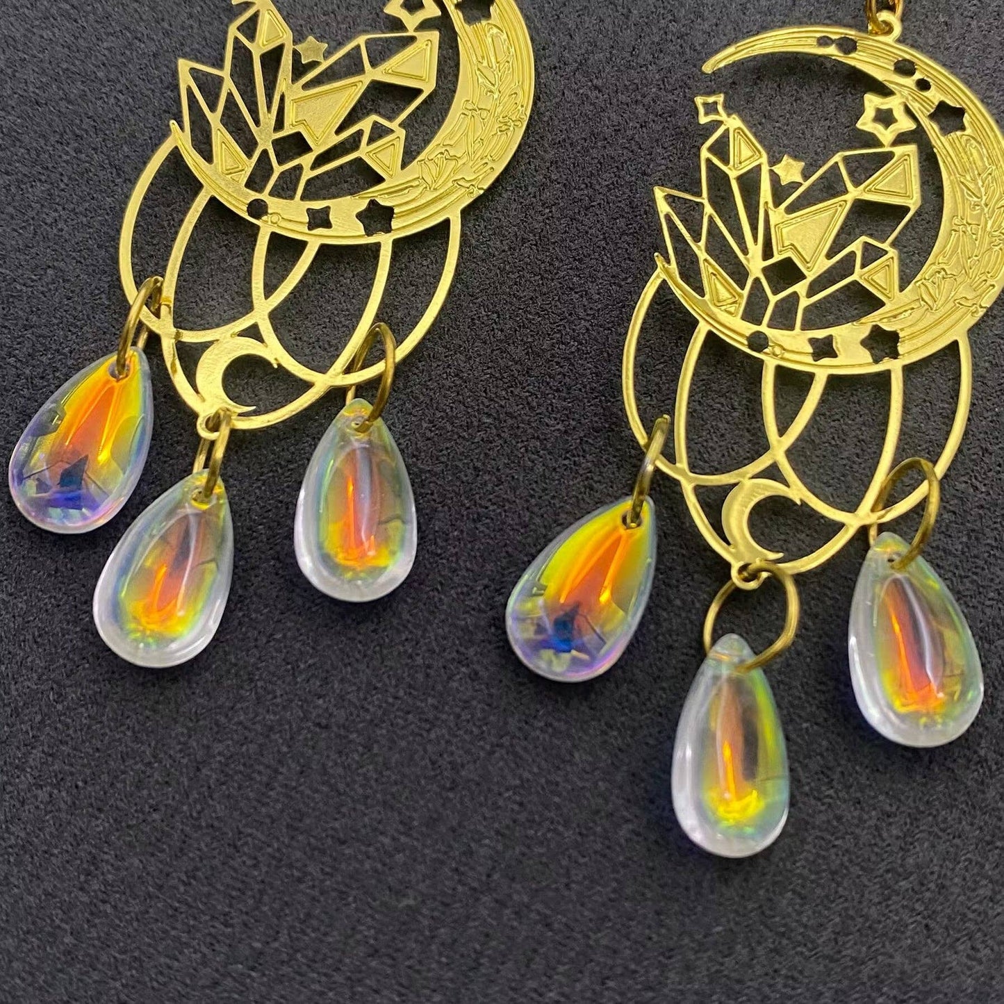 Glass Fringe Gold-plated Moon Dangle Earrings