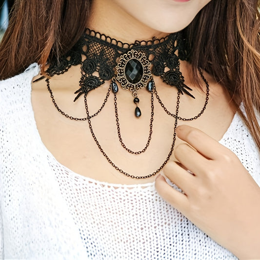 Gothic Vintage Lace Choker Necklace with Black Floral & Teardrop Pendant - Edgy Gothic Jewelry for Halloween, Parties, Daily Wear - Year-Round Statement Accessory