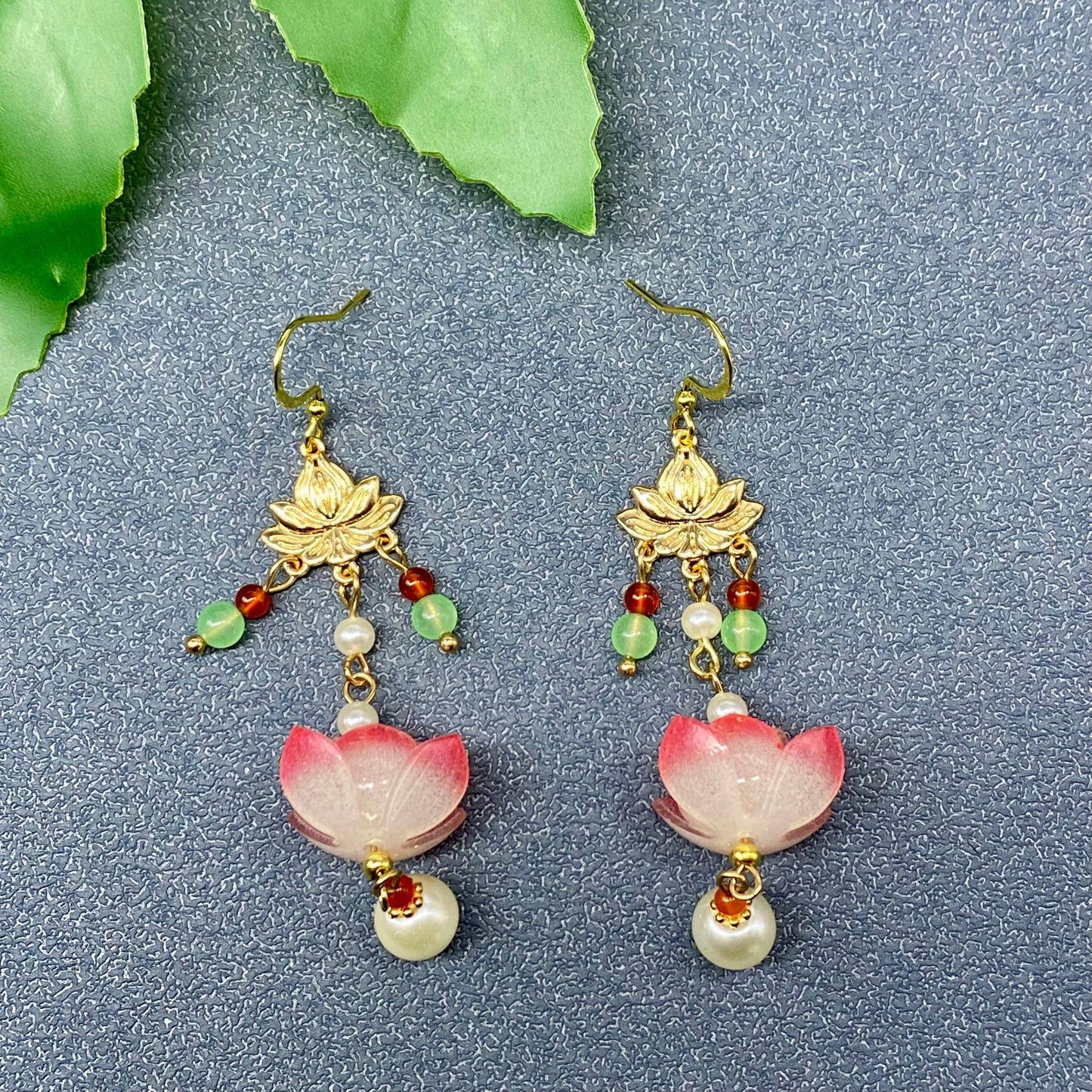 Glass Lotus & Agate 14K Gold Plated Earrings