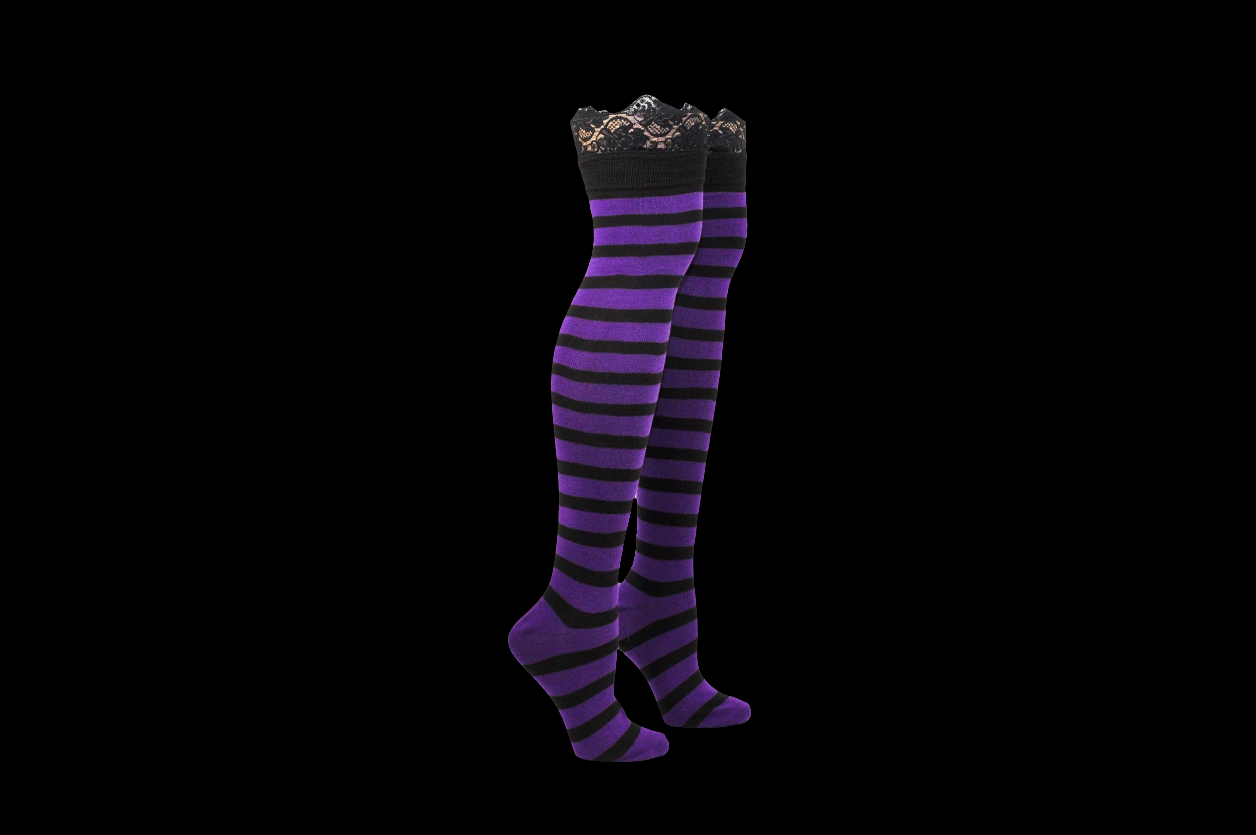 Black and Purple Striped with Lace Detail Thigh High Socks