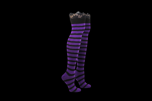 Black and Purple Striped with Lace Detail Thigh High Socks