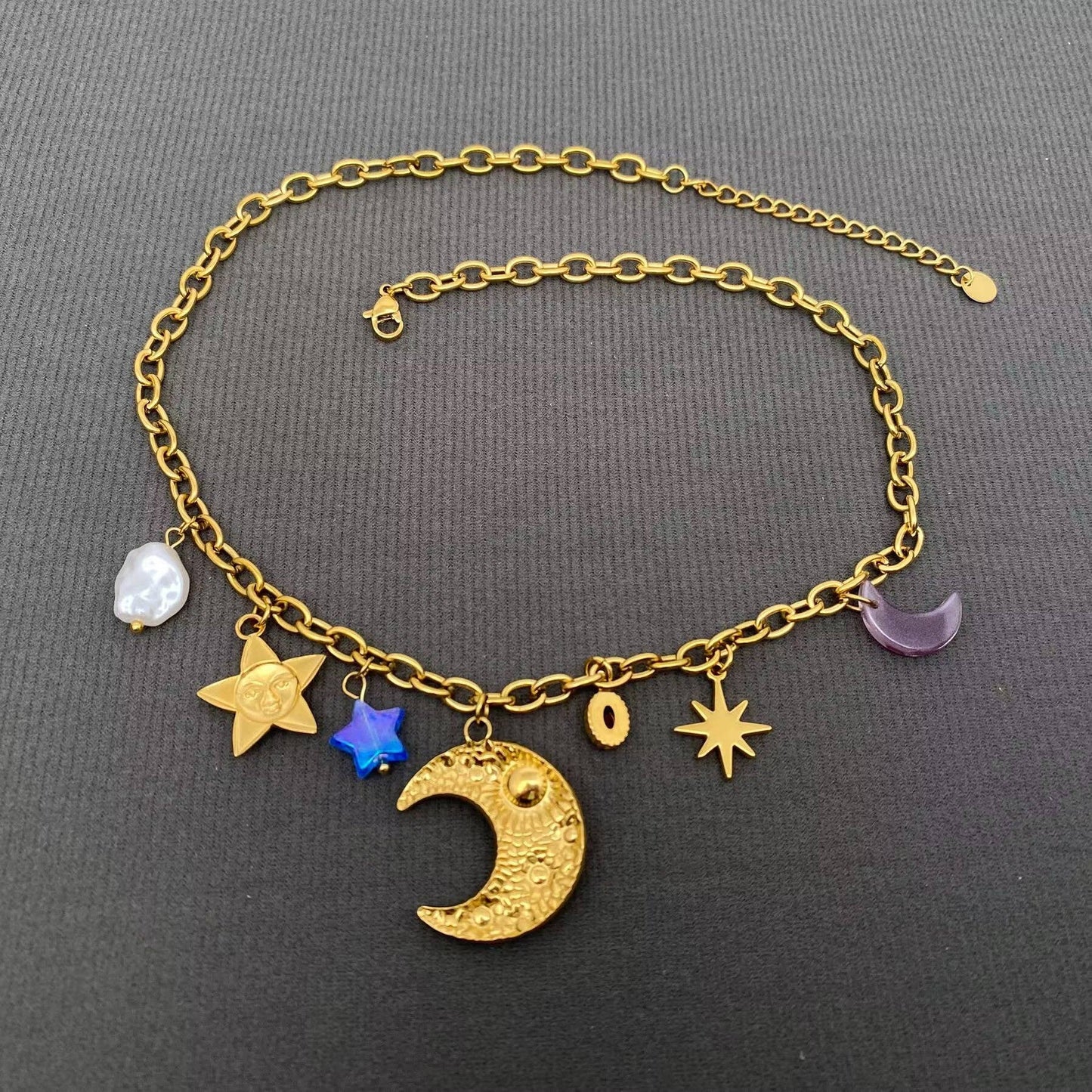 Fantastic Star Moon Charm 18K Golden Stainless Steel Necklace