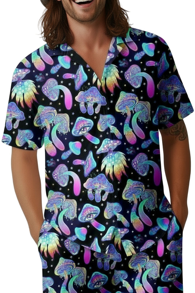 Purple Mushroom Button Down Top and Shorts