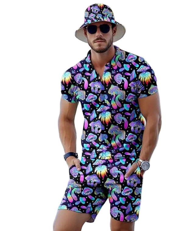 Purple Mushroom Button Down Top and Shorts