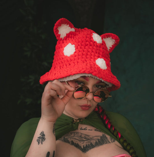 Super Soft Crocheted Red Mushroom Hat with Ears